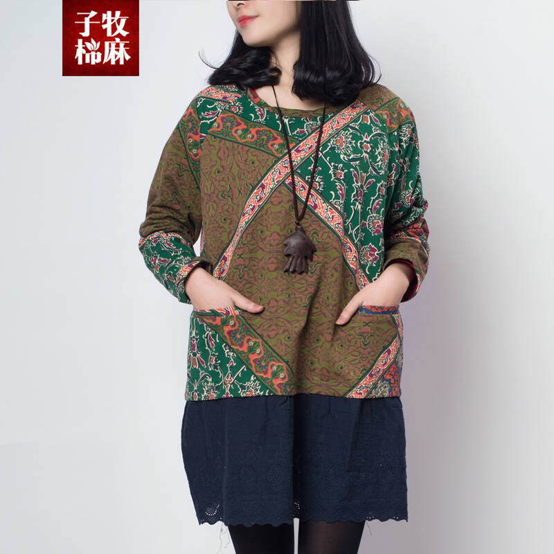 子牧棉麻 2014秋季新款大码田园印花宽松全棉假两件拼接连衣裙13351