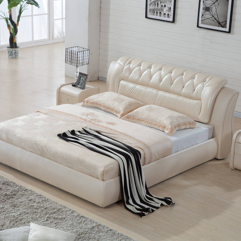 乐悠居 真皮床双人床现代简约1.8米 米色 1米8x2米