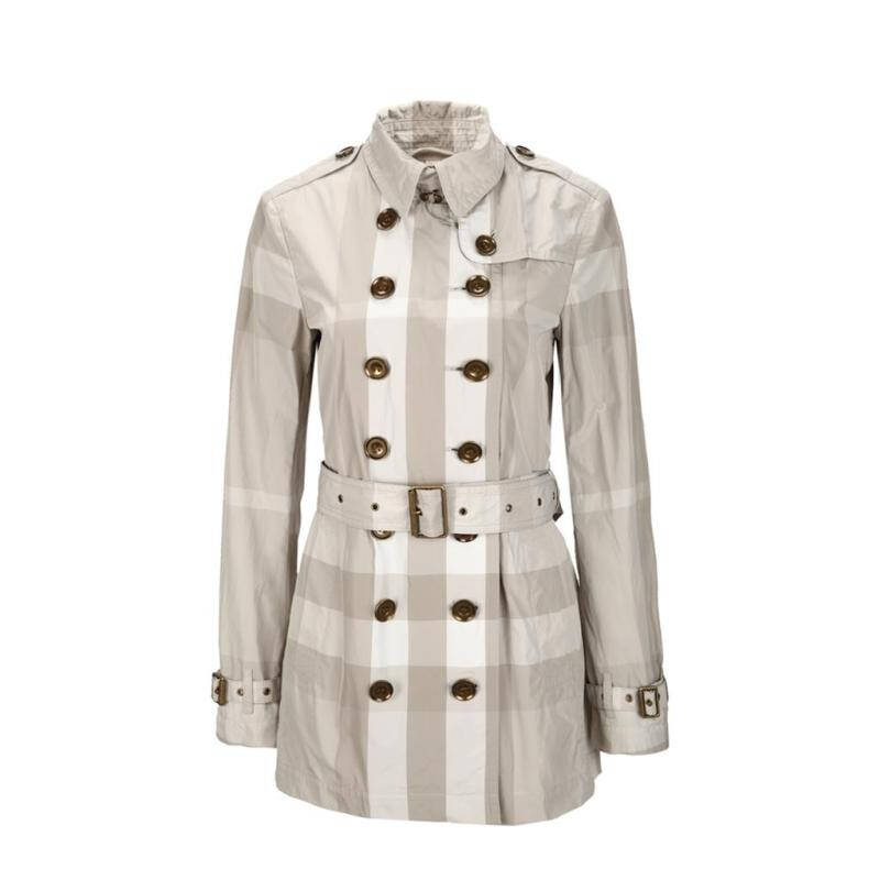 burberry巴宝莉brit系列灰色尼龙材质格纹女士中长款风衣
