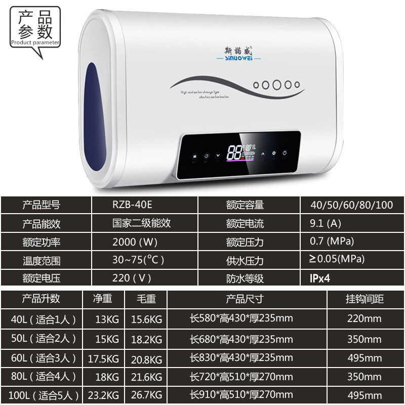 斯諾威（SinuoWEi） 扁桶双胆速热小型家用储水式电热水器40/50/60/80/100升热水器 40升双胆遥控+双防漏电系统 上门安装