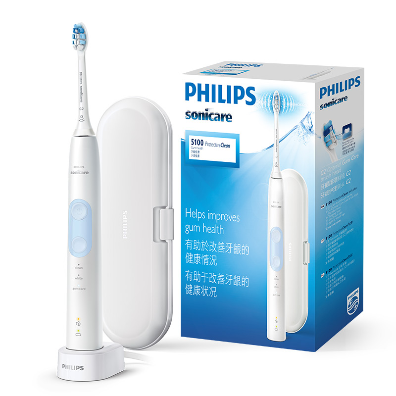 飞利浦(PHILIPS) 电动牙刷 健康护龈型 成人声波震动牙刷(自带牙刷盒) 3种模式 力度感应 蓝色 HX6859/12