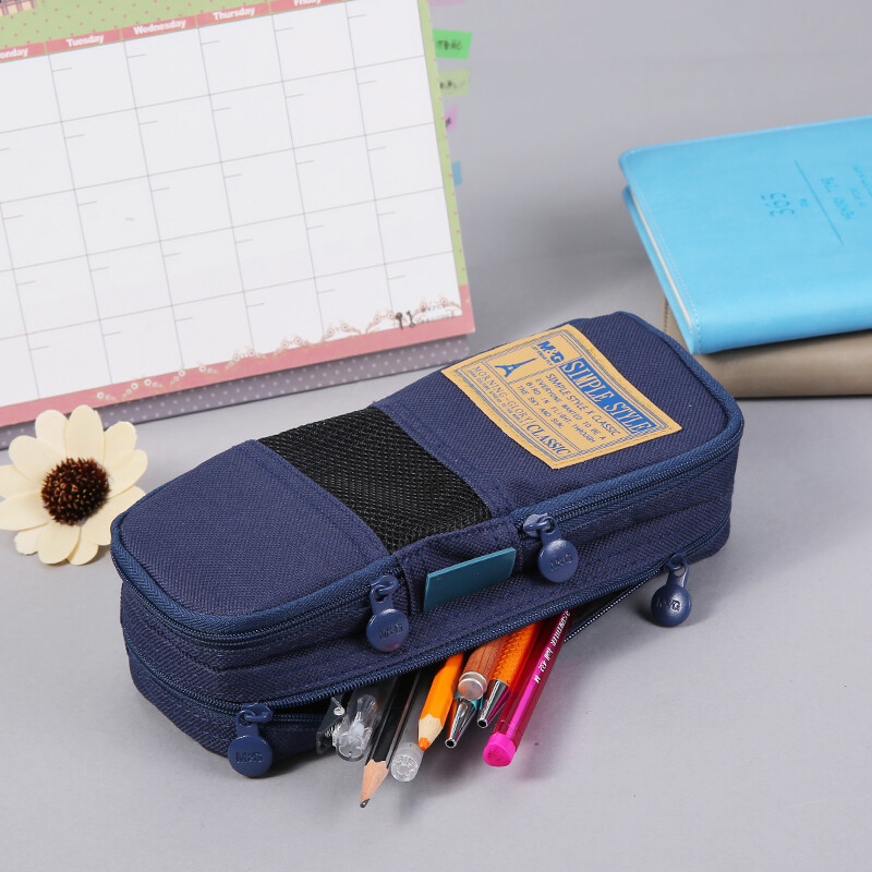 晨光(M&G)文具蓝色大容量网纱笔袋 双层多功能文具盒铅笔盒 铅笔收纳袋 单个装APB93599