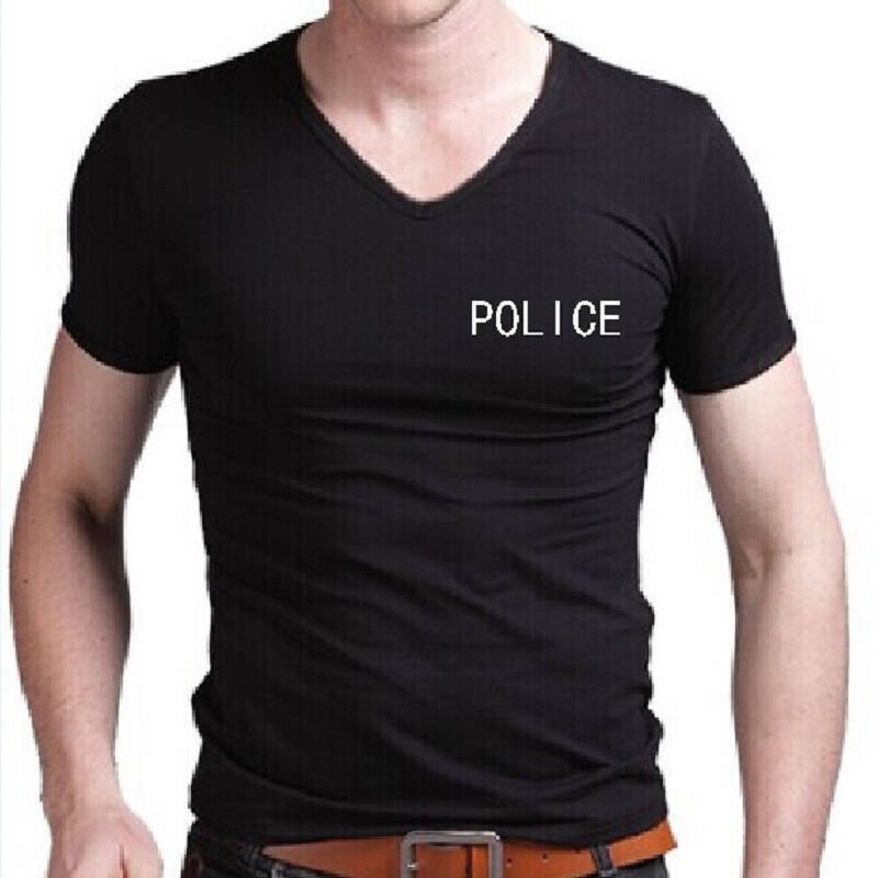 wind)纽约警察特警police男训练纯棉修身短袖t恤衫 黑色v领前后police