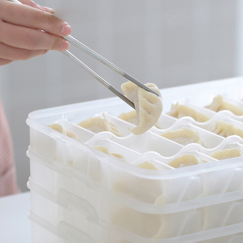 家の物语 日本四层手提饺子盒塑料保鲜盒速冻饺子托盘分格 透明 凑单