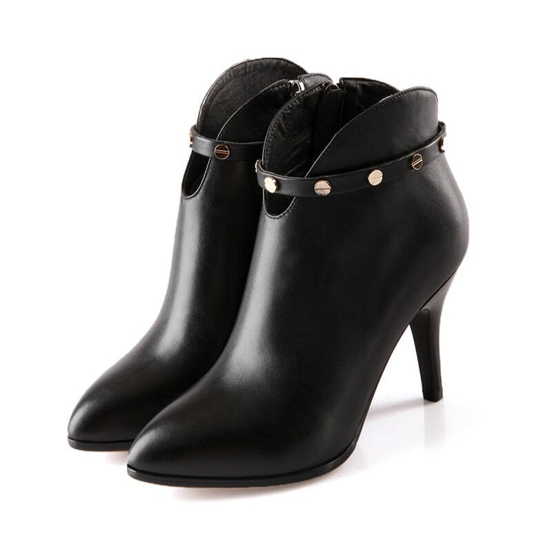 英伦风头层牛皮素面金属点缀牛筋底高跟气质裸靴 mn-8065 黑色 39