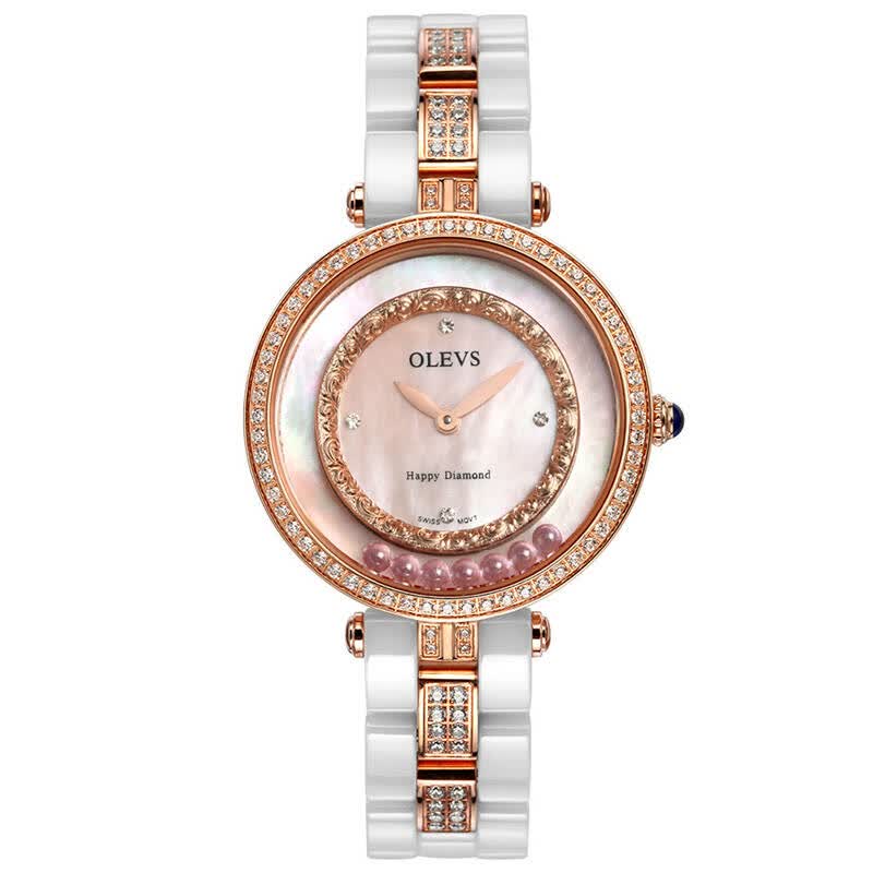 欧利时(olevs) 高端定制幸运水晶名品浮雕花纹陶瓷女表 l138玫瑰金粉