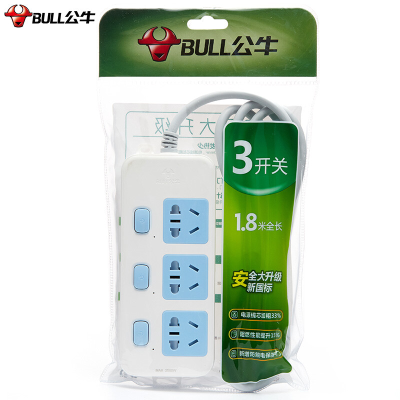 公牛（BULL）GN-314 插座/插線板/插排/排插/接線板/拖線板 3位分控全長(zhǎng)1.8米