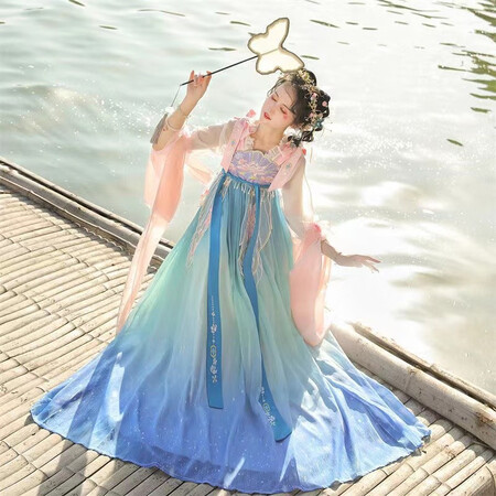 评测对比鼎毳貂 汉服古装女仙气大袖衫齐腰原创交领齐胸襦裙成人古风女 染画  淡蓝是否还行？2个月体验感受！