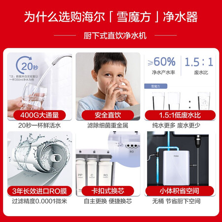 海尔雪魔方家用净水器厨下式直饮净水机反渗透400G怎么样?评测好吗?