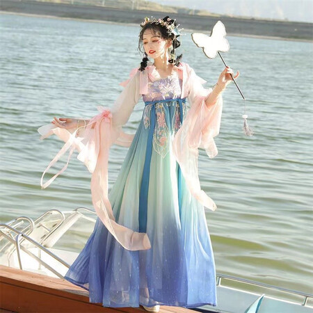 探讨揭秘真相鼎毳貂 汉服古装女仙气大袖衫齐腰原创交领齐胸襦裙成人古风女 染画  淡蓝是不是可以？评价真的好吗！