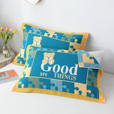 Sharemay 全棉枕巾一对2条装纯棉提花多层纱布加大透气粗布棉纱枕头盖巾 拼图熊-黄 52*78cm(一对装)