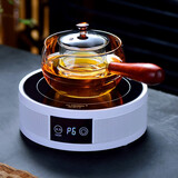 扬器日式耐热玻璃侧把煮茶壶耐高温实木把泡茶壶花茶壶套装家用煮茶器 500ML木把壶+白色触屏电陶炉+4杯