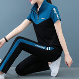 帝黛（DIDAI）品牌运动套装女T恤短袖2025新款夏女装长裤女士休闲裤衣服两件套 蓝色套装 XL建议（110-125）斤