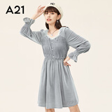 A21秋季女装方领长袖A字裙中长款显瘦连衣裙女士丝绒裙子 中灰 S
