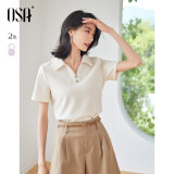 欧莎（OSA）纯色宽松透气Polo领短袖T恤女夏季2025年新款正肩短款上衣气质 米白色 M
