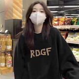 妃丽慕尚纯棉加绒加厚三条杠圆领卫衣女装秋冬季慵懒风学生撞色宽松外套潮 D1301黑色【常规款】 M 建议110斤以内