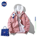 NASA LIKE官方潮牌假两件外套男春秋季连帽夹克男女情侣学生工装棒球服上衣 粉色 XL（建议125-140斤）