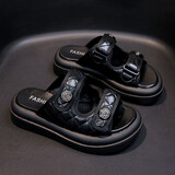 GUQIAN凉拖鞋女2025秋季外穿高级感厚底软底沙滩鞋女魔术贴一字扣凉鞋女 6628黑色 40 (250mm)