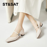 星期六女士玛丽珍鞋小香风方头粗跟羊皮单鞋时尚软底百搭皮鞋女 米色37