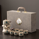 瓷牌茗茶具（cipaiming teaset）汝窑自动茶具套装家用懒人泡茶神器办公室会客功夫茶杯茶壶整套 米黄锦绣江山自动6杯礼盒 8件