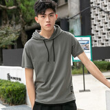 汉角 夏季百搭连帽短袖t恤男潮流带帽运动嘻哈上衣帽衫韩版港仔卫衣潮 鹏兴338灰绿色 XL/175【120-135斤】