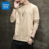 真维斯（Jeanswest）纯棉长袖t恤男夏季纯色圆领宽松上衣男装百搭简约时尚打底衫 卡其 M 码 (90-110斤)