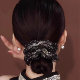 晓色法式双层欧根纱大肠发圈2025年女时尚百搭头绳高级简约皮筋发饰 黑色镶钻发圈F2182