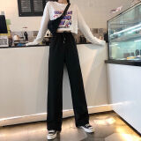 奥义驰阔腿裤女高腰垂感春秋新款裤子潮ins宽松直筒休闲裤学生拖地长裤 黑色【长裤】 S 建议70-90斤