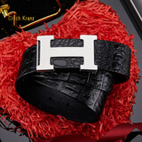 Clrich Kranz男士皮带男真皮腰带H工字平滑扣鳄鱼纹纯牛皮商务裤带送老公礼物 银色H板扣+黑色带身鳄鱼纹礼盒 留意裤码默认发120cm可修剪