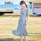 betu百图女装V领浪漫时尚清新印花连衣裙女2203T81 兰色 L