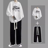 曙影（SHUYING）春秋季卫衣男休闲套装男青年痞帅一套搭配衣服男装学生ins两件套 【2件装】白色+黑裤 XL （115斤-135斤）