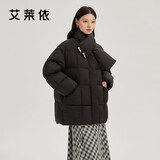 艾莱依羽绒服女款时尚围巾牛角扣中长款防风保暖冬季外套 炭黑 M