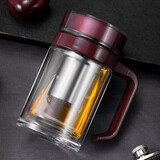 万象双层手柄玻璃杯男女士大容量加厚带盖滤网茶水分离杯礼盒送礼商务休闲家用办公室喝水泡茶水杯V221L 枣红色-双层360ml-礼盒装