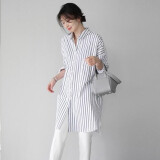 香爱蜜 衬衫女2024春秋新款韩版宽松中长款条纹长袖衬衫女显瘦衬衣外套 黑白条纹 L