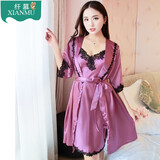 依嫚诗（YIMANSHI）性感睡衣女吊带睡裙女夏仿真丝绸送礼内衣睡袍两件套装外穿家居服 典雅紫色(吊带+睡衣) L(95-110斤)