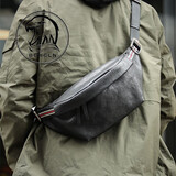 BOYCLN 胸包男 牛皮男士胸前斜肩包男士真皮单肩斜挎小背包休闲简约腰包 黑色