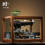 流水趣 陶瓷假山摆件缸造景新中式禅意桌面客厅办公开业乔迁玄关装饰 进口实木框鱼缸（绿植＋青苔）