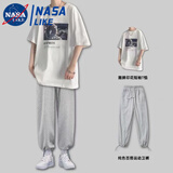忆克萨男士宇航员短袖潮牌T恤ins港风半袖衣服新款五分袖宽松秋季男套装 两件套【白色+灰休闲裤】 L 【关注店铺优先发货】