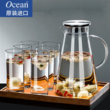 鸥欣进口玻璃杯子家用水杯套装耐热玻璃茶杯喝水杯子家用透明杯牛奶杯 圆形款340ml六只装+凉水壶+竹盘