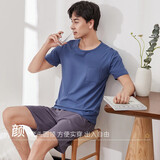 顶瓜瓜睡衣女纯棉夏季纯色家居服女套装情侣睡衣可外穿 浮生蓝男165