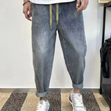 益帛（YIBO）牛仔裤男士秋季新款港风轻奢宽松哈伦裤做旧系带休闲小脚长裤子男 复古蓝色 XL 【建议120-135斤】