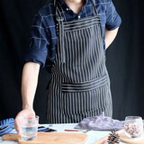 季萌厨房围裙男日式纯棉围裙女棉麻韩版可爱简约双口袋围裙 黑色竖条纹 1条