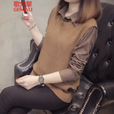 歌梵黎（GEFANLI）大码女装毛衣胖mm秋冬宽松遮肚子针织假两件背心马甲衬衫上衣 驼色 2XL 【建议135-155斤】