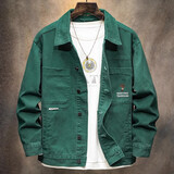 MBA纯棉复古工装夹克男宽松大码春秋薄款日系高端休闲牛仔外套男 绿色 XL 码