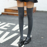 革斤威过膝袜长筒袜长袜子女学生棉纯竖条纹韩版森系堆堆袜 细竖条过膝深灰