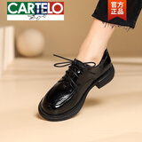 卡帝乐鳄鱼（CARTELO）品牌小皮鞋女英伦风平底乐福鞋2025年新款春秋真皮系带休闲女单鞋 黑色漆皮 40