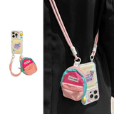 权速爱心立体星星迷你书包适用于iPhone15promax手机壳新款斜挎绳14pro带卡包16硅胶小众女款全包防摔 挂绳孔卡包+爱心+星星+粉书包+短绳+长绳 iPhone15Promax