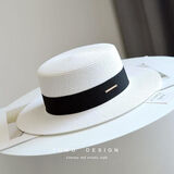 ALBINELE草帽女夏天复古英伦平顶礼帽韩版沙滩帽防晒遮阳帽ins网红平顶帽 白色（黑色带） 可调节 (55-60cm)