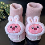 小猪球球 婴儿鞋子秋冬季加绒加厚保暖软底羊皮毛一体宝宝新生儿学步鞋 粉色兔头海狸公仔 内长13cm  7-14个月