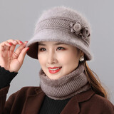 笙格儿 帽子女冬季中老年保暖兔毛帽老年人毛线帽围巾冬季送妈妈的生日礼物加绒针织帽 卡其 帽子护脖两件 均码